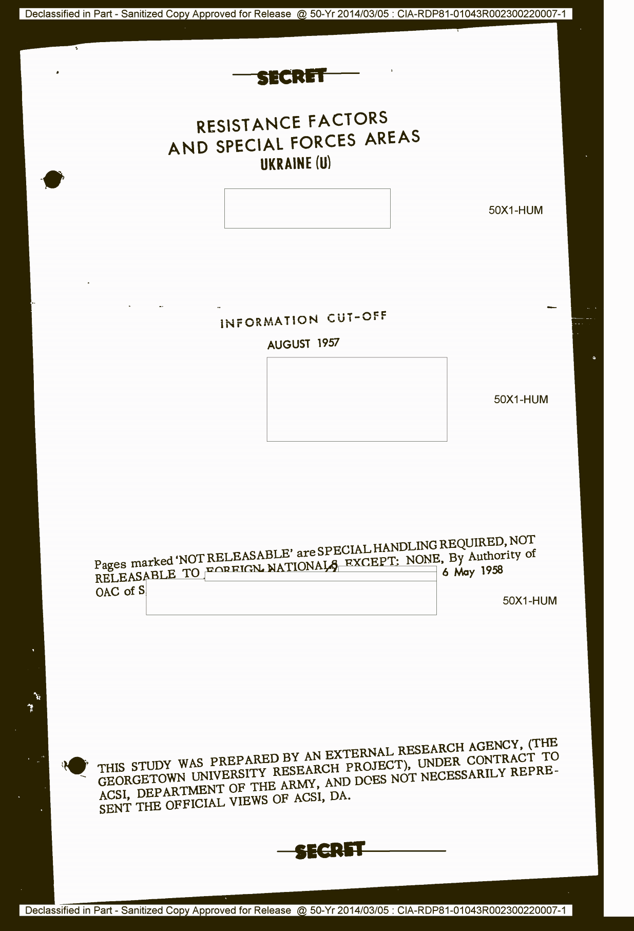 Title page of the report "Resistance Factors and Special Forces Areas: Ukraine," August 1957