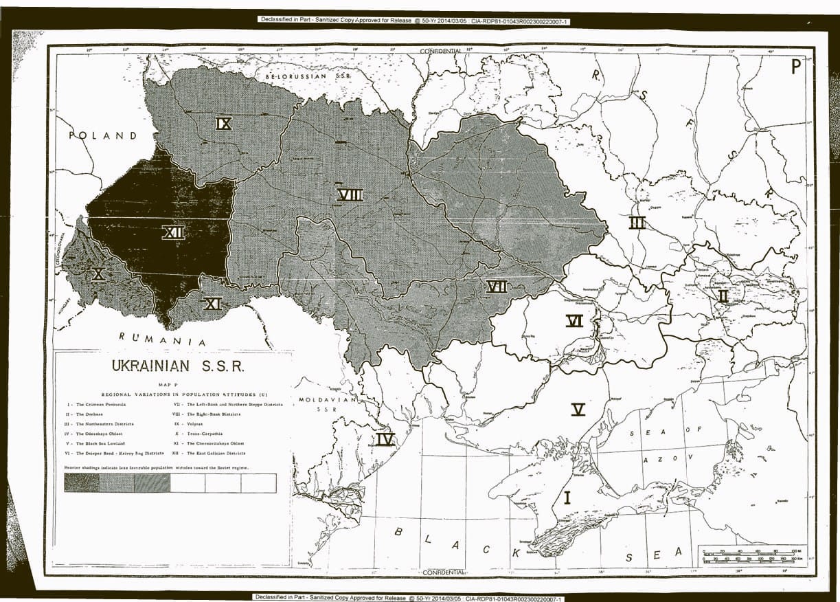 Anti-Soviet sentiment on the researchers' map spread from east to west of Ukraine — CIA report 1957