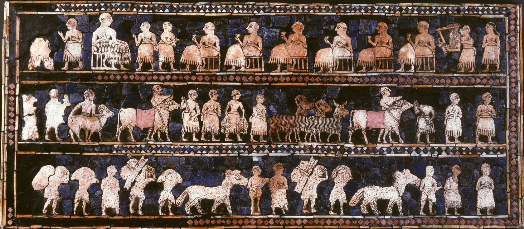 The Standard of Ur, "Peace" panel - Sumerian artifact of the 3rd millennium BCE. Present location: British Museum, London
