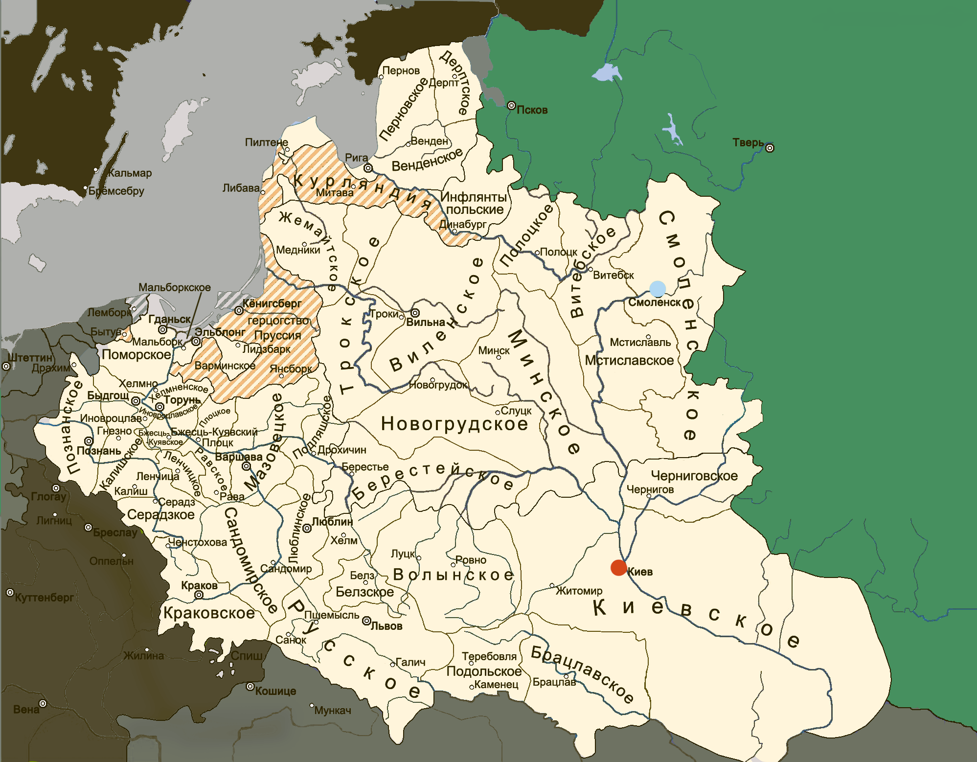 Речь Посполитая в 1635 году. Желтый цвет – территория Речи Посполитой. Красная точка – Киев. Голубая точка – Смоленск. Территория зеленого цвета справа – Российское царство
