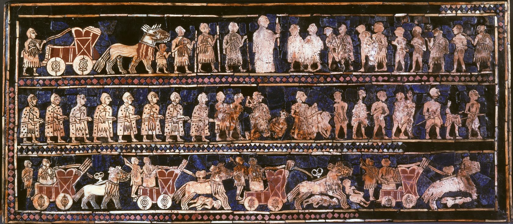 The Standard of Ur, "War" panel - Sumerian artifact of the 3rd millennium BCE. Present location: British Museum, London